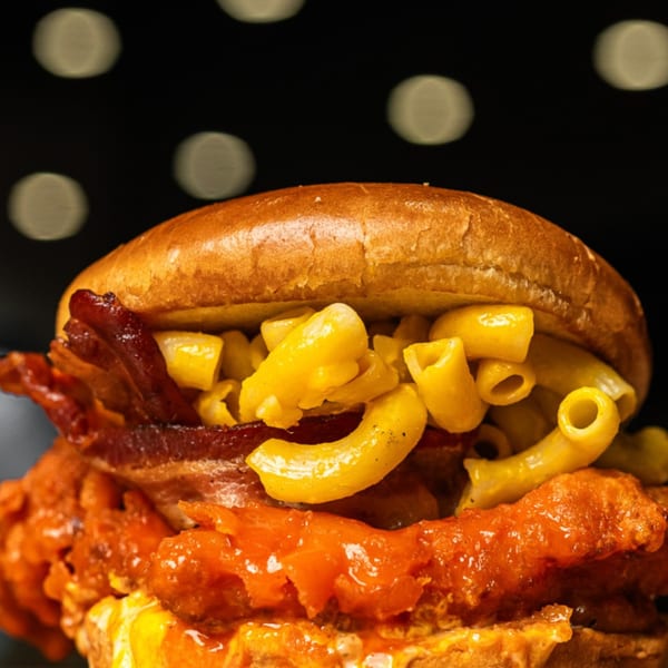 Close-up of a Loose Ends Brewery sandwich with fried chicken, mac and cheese, and bacon.